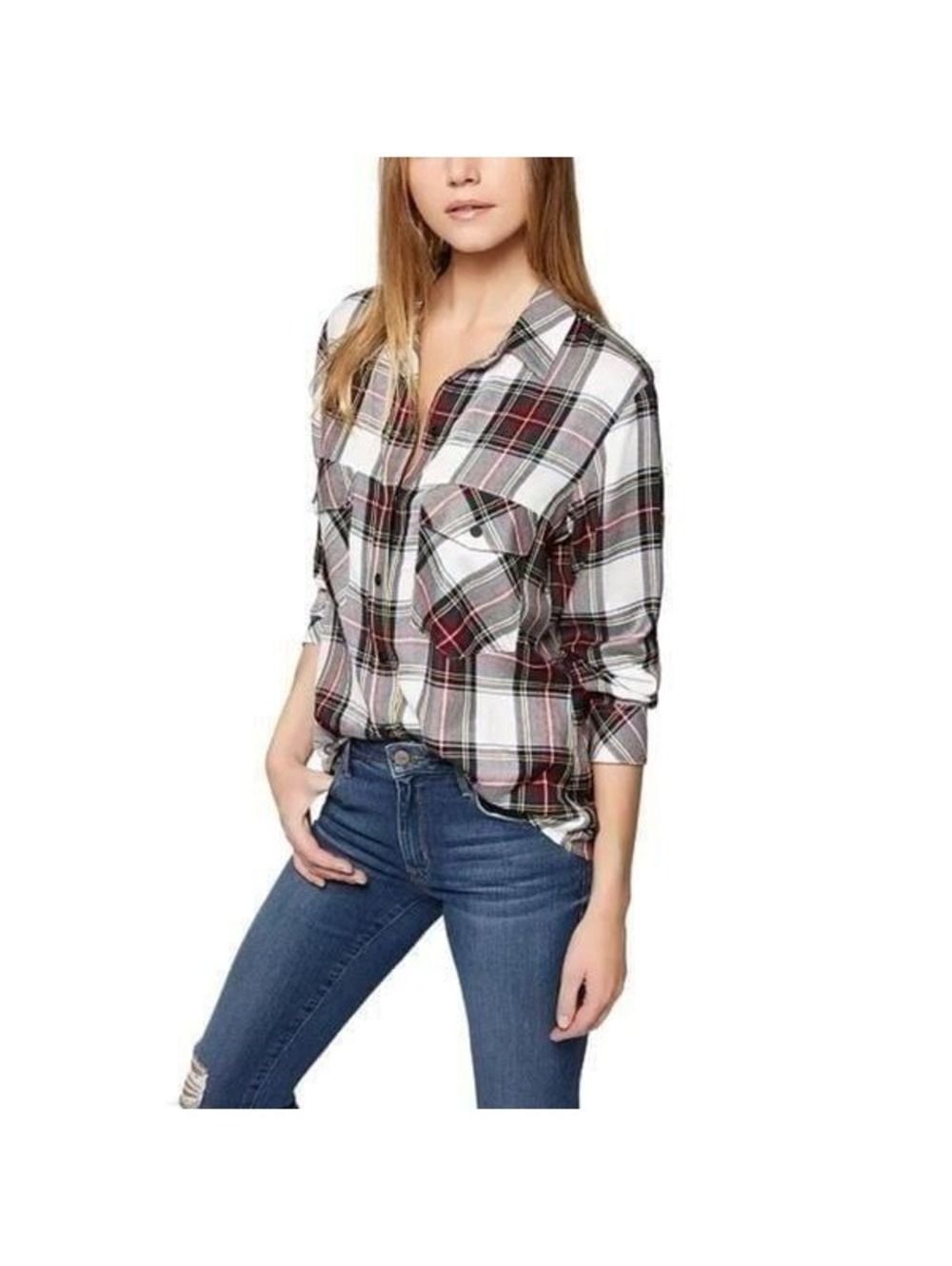 New! Sanctuary Plaid Boyfriend Button Down Shirt Sz L